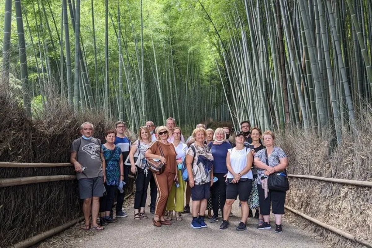 A group posing together in the famous bamboo grove during a private arashiyama walking tour.