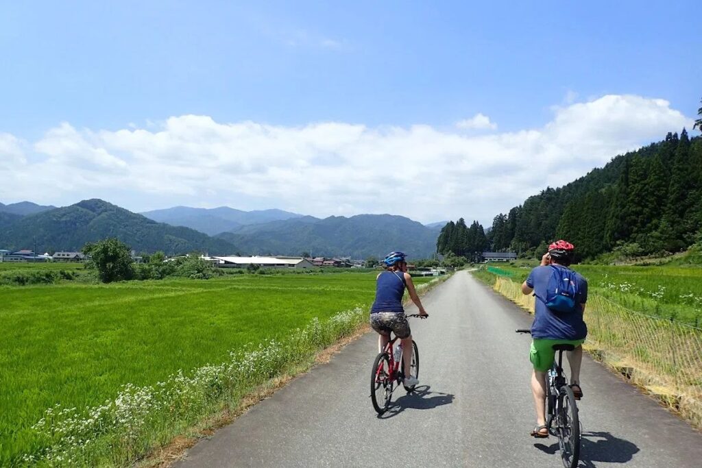 Guests riding mountain bikes through lush green landscapes on a guided Hida Satoyama cycling tour.