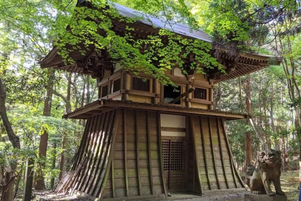 An ancient, weathered wooden bell tower structure nestled among overgrown forest trees.