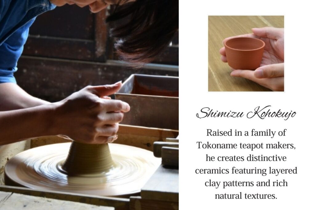 Artisan Shimizu Kohokujo throwing clay on a wheel to craft his signature textured, unglazed Tokoname pottery cup for the sake tasting experience.