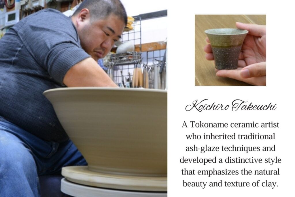 Ceramic artist Koichiro Takeuchi shaping pottery in his workshop, creator of the traditional ash-glazed cup featured in the sake tasting experience.