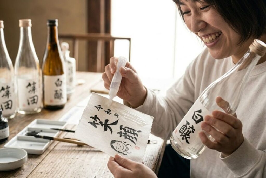 Designing a custom bottle during the sake label making experience