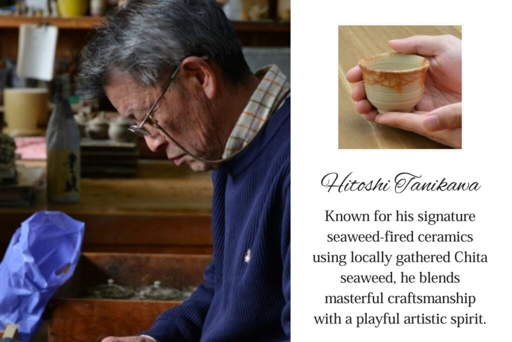 Master potter Hitoshi Tanikawa in his studio, creator of the signature Chita seaweed-fired cup utilized to change flavors during the sake tasting experience.