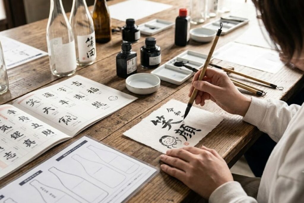 Sake label making experience at a historic brewery