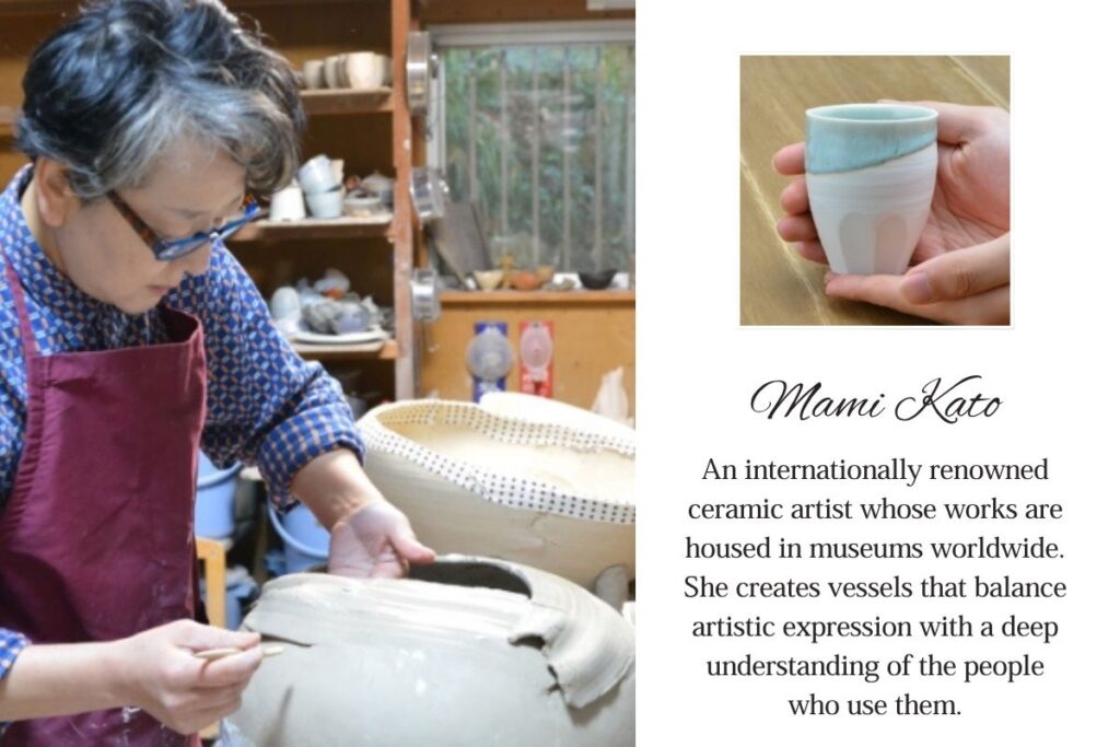 Renowned ceramic artist Mami Kato sculpting clay in her studio, designer of the elegant white and light-blue glazed cup for the sake tasting experience.