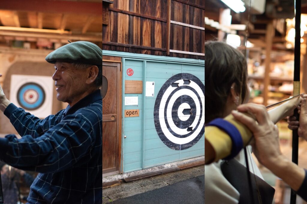 Kyudo experience in Kyoto — student drawing bamboo bow at Karakuri dojo