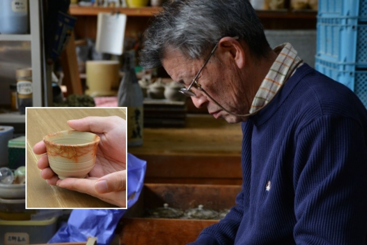 Master ceramic artist Hitoshi Tanikawa in his workshop, with an inset image of his signature seaweed-fired mogake Tokoname-yaki sake cup.