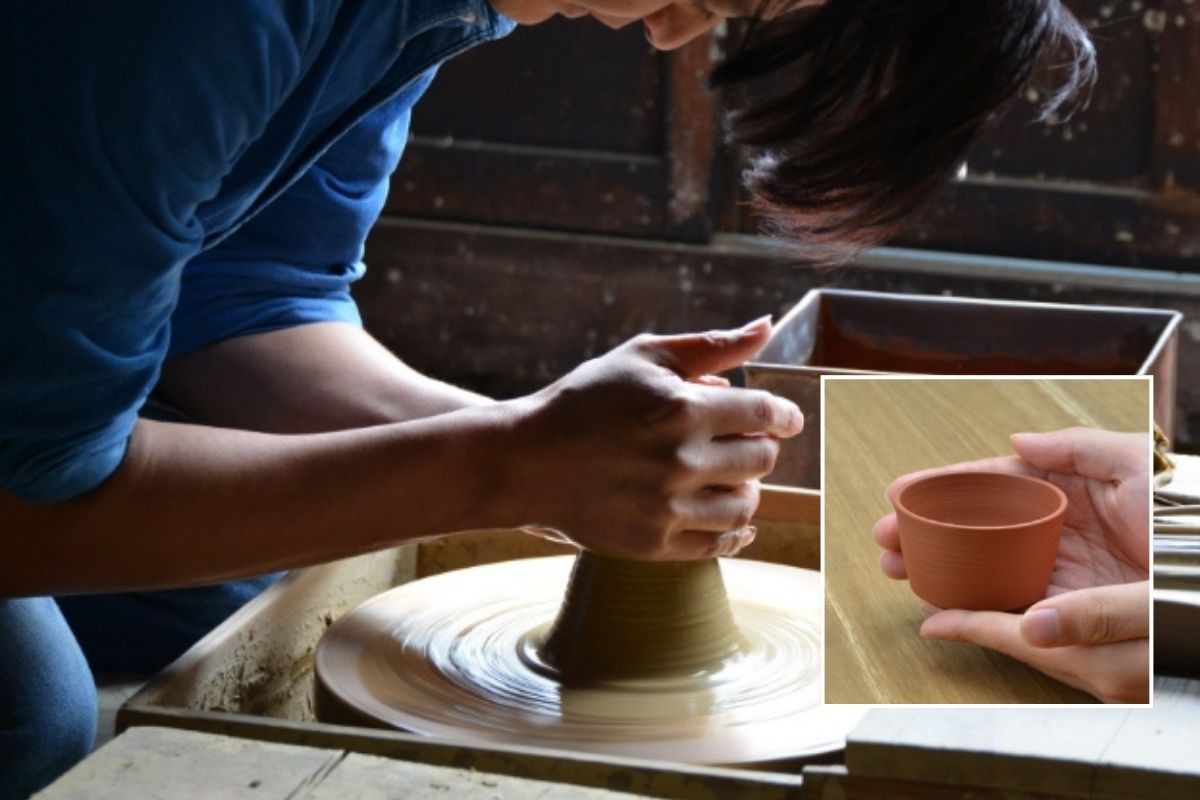 Ceramic artisan Shimizu Kohokujo throwing clay on a potter's wheel, with an inset image of his hand-thrown, unglazed red-clay sake cup.