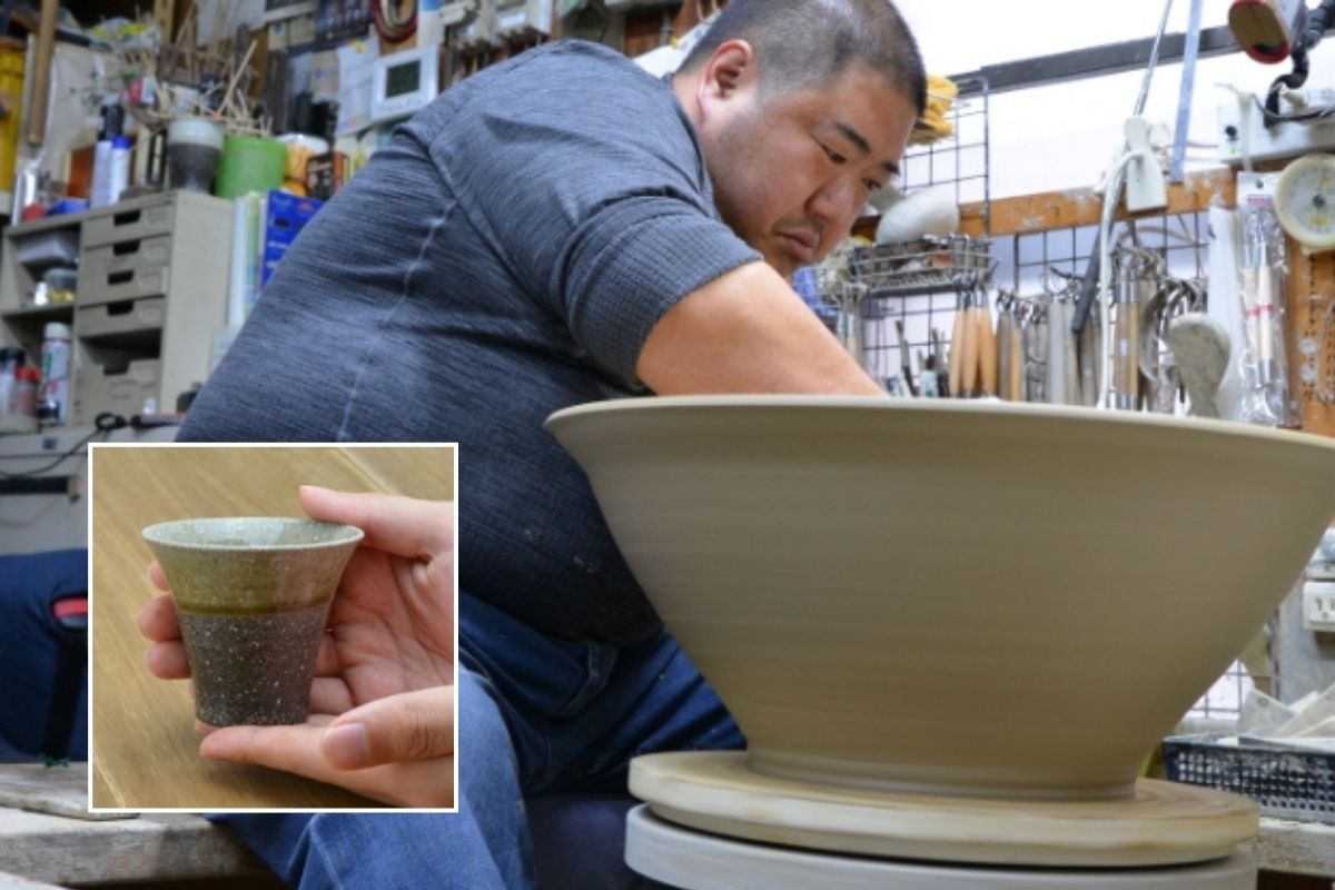 Master ceramicist Koichiro Takeuchi crafting a large vessel on a wheel, with an inset image of his traditional wood-fired ash-glazed sake cup.