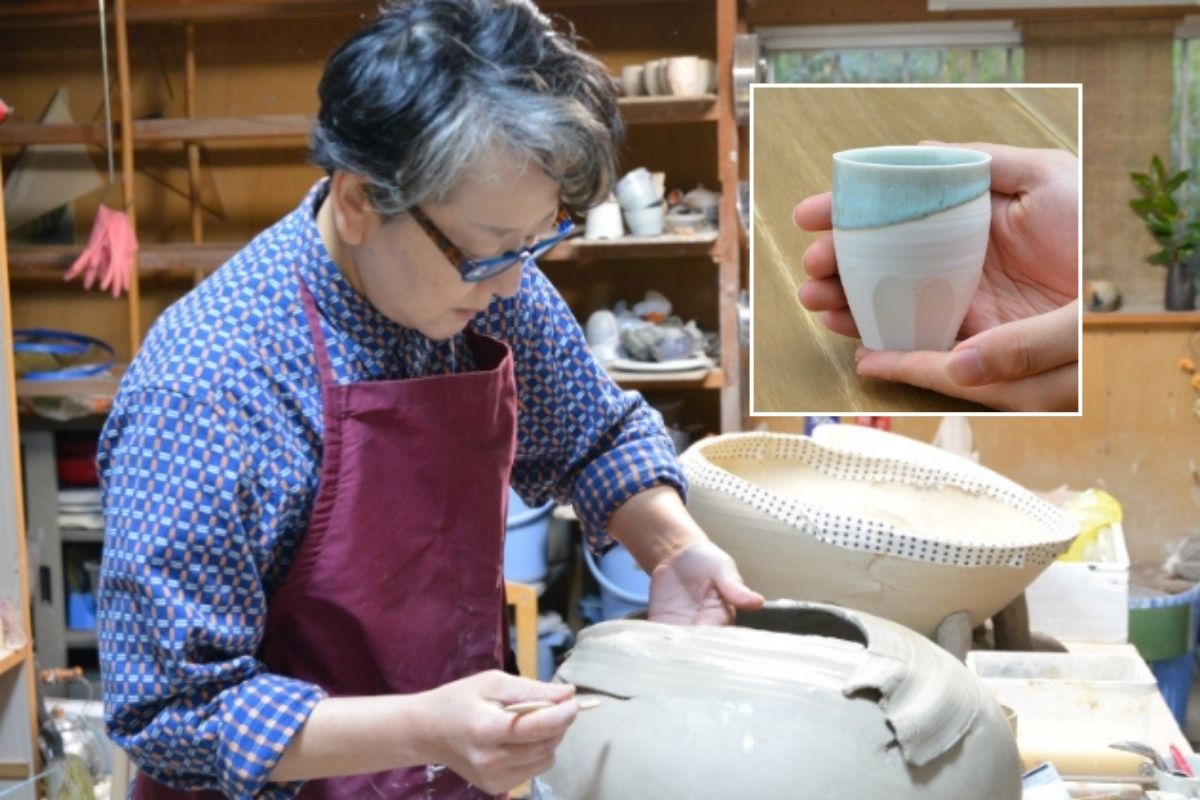 Internationally renowned ceramic artist Mami Kato hand-sculpting a large clay piece, with an inset image of her elegantly tapered premium sake cup.