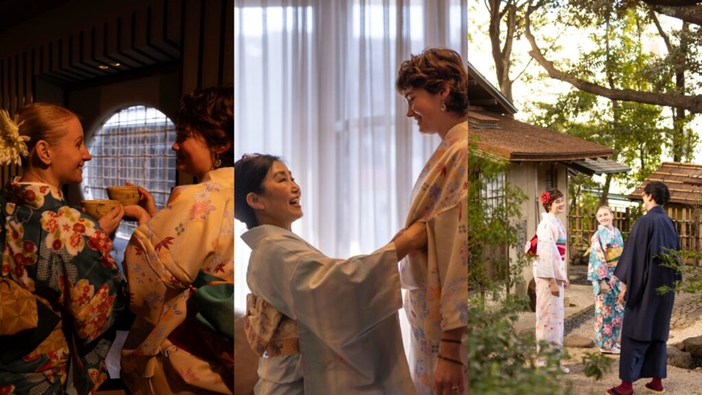 Guests wearing traditional silk kimonos at the historic Chisoku-an tea house in Nagoya, Japan.