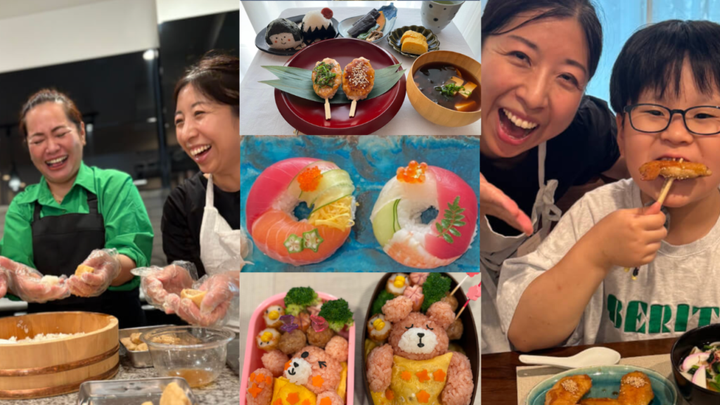 Guests enjoying a private Nagoya cooking class featuring handmade doughnut sushi in a local home.